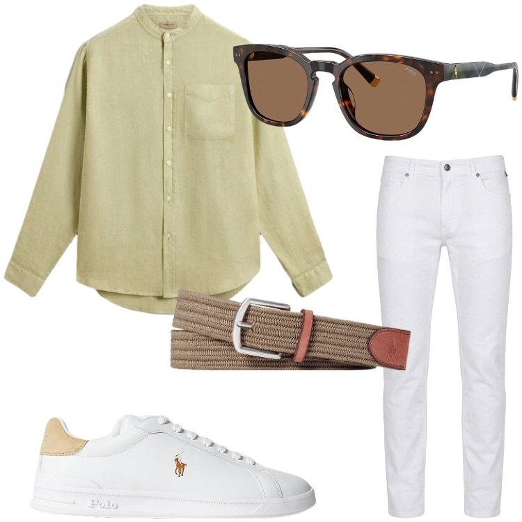 Outfit uomo - Weekend vista mare. Stile Business/Elegante per Mare. Abbinamento con pantaloni, cinture, sneakers, occhiali da sole, camicie.