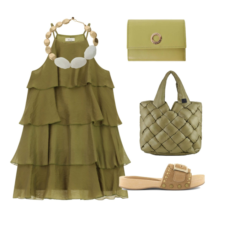 Outfit donna - Olive Chic. Stile Chic per Serata fuori. Abbinamento con portafogli, collane, vestiti corti, borse tote, ciabatte.
