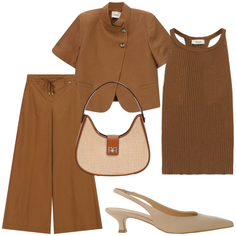 Outfit donna - Dopo ufficio tolgo la giacca. Stile Chic per Ufficio. Abbinamento con borse a spalla, décolleté, blazer, pantaloni a palazzo, top.