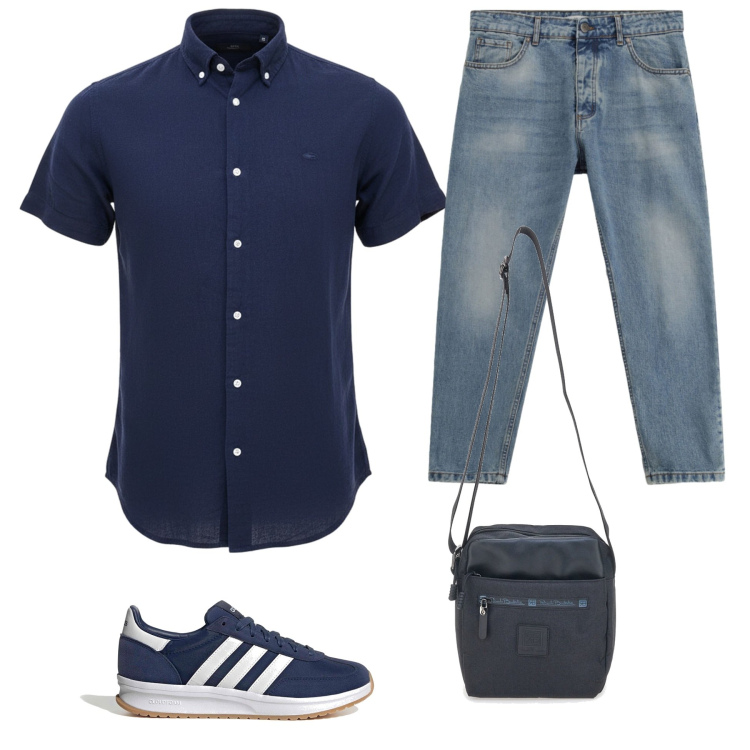 Outfit uomo - City Style in Blu. Stile Urban per Tutti i giorni. Abbinamento con jeans, portafogli, sneakers, camicie a manica corta.