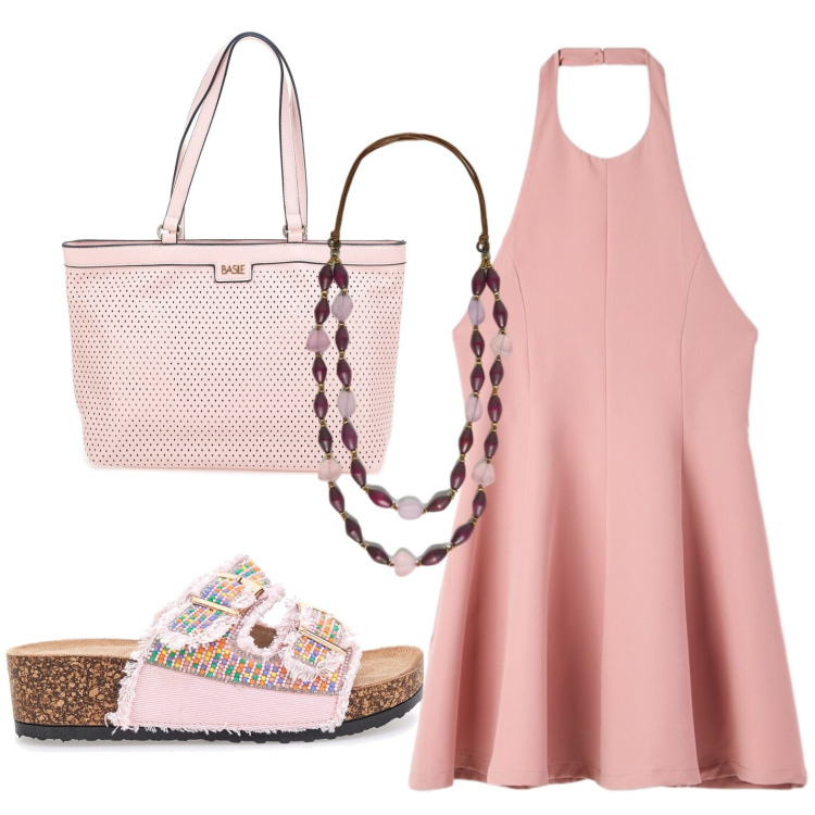 Outfit donna - Estate pink. Stile Glamour per Tutti i giorni. Abbinamento con vestiti corti, collane, borse a spalla, ciabatte.