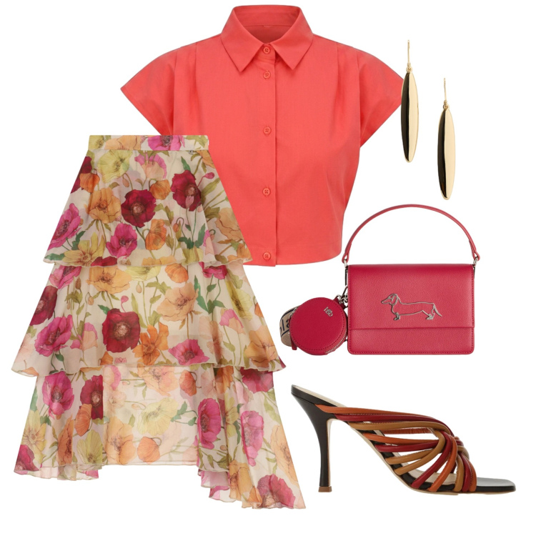 Outfit donna - Petali di corallo. Stile Romantica per Cerimonia. Abbinamento con borse a tracolla, camicie a manica corta, sandali, gonne lunghe, orecchini.