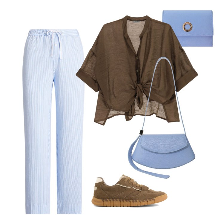 Outfit donna - Cielo & Cacao 🤎🩵. Stile Sporty chic per Ufficio. Abbinamento con portafogli, borse a spalla, camicie, pantaloni, sneakers.