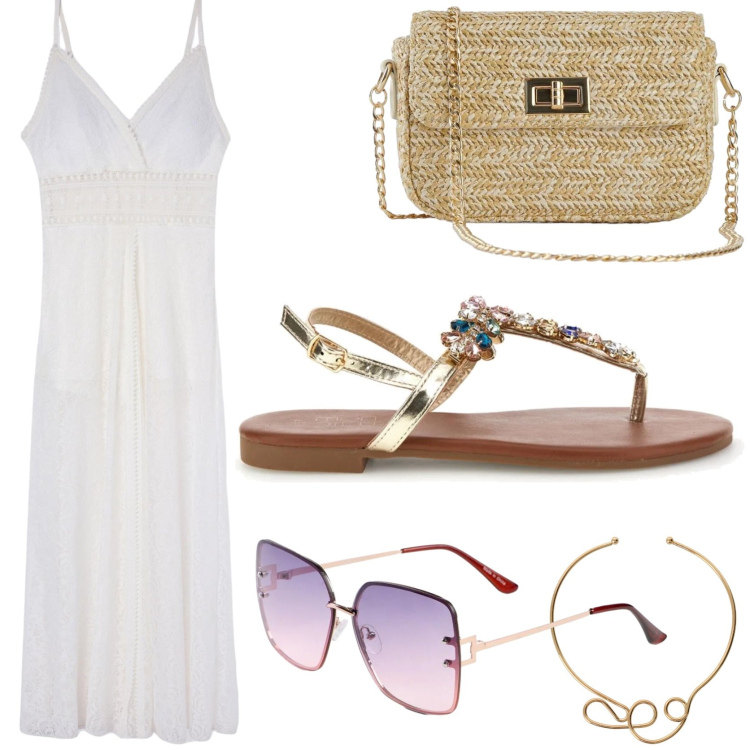 Outfit donna - Boho Chic. Stile Boho per Tutti i giorni. Abbinamento con occhiali da sole, borse a tracolla, vestiti lunghi, collane, sandali gioiello.