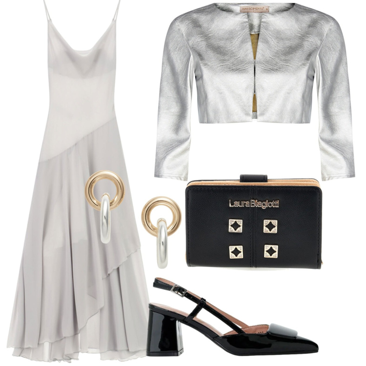 Outfit donna - Luminosità e classe. Stile Chic per Cerimonia. Abbinamento con orecchini, bolero, décolleté, vestiti lunghi, portafogli.