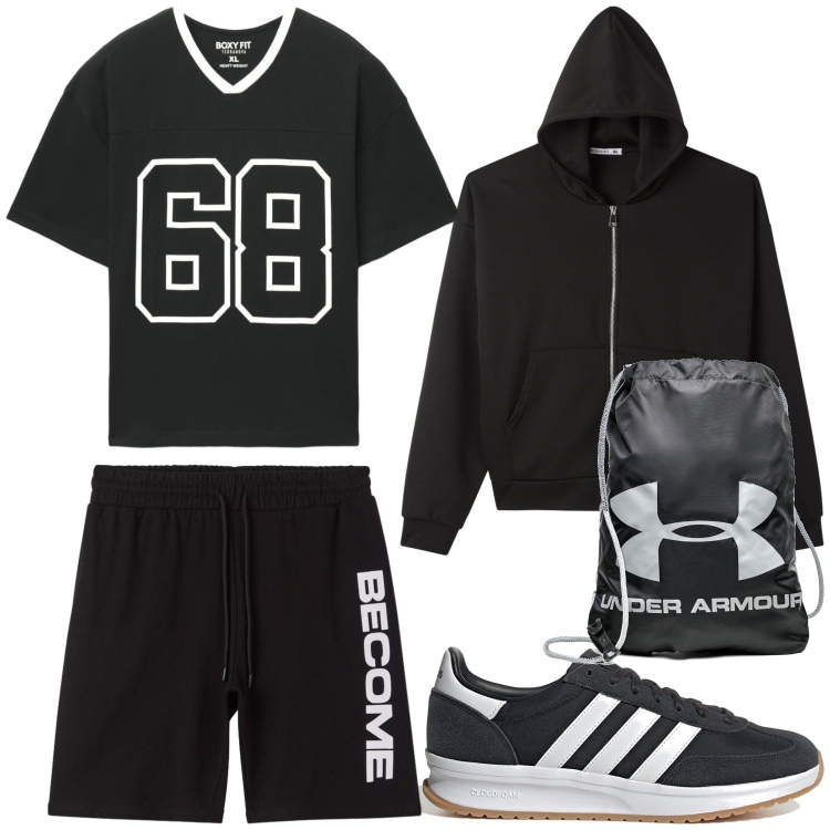 Outfit uomo - Weekend. Stile Biker Rock per Mare. Abbinamento con t-shirt, felpe con cappuccio, bermuda, sneakers, zaini.