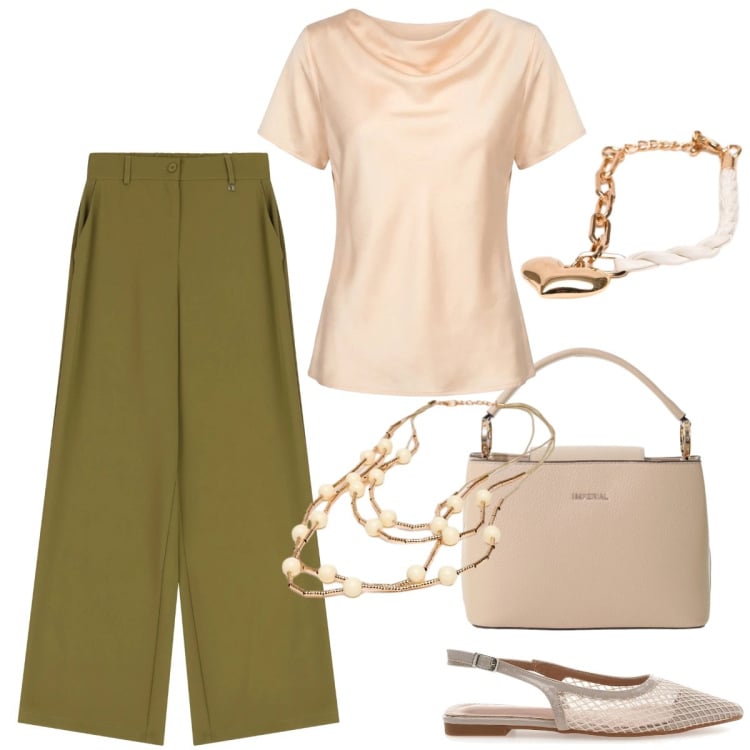 Outfit donna - Summer Sale Style. Stile Basic per Ufficio. Abbinamento con borse a secchiello, pantaloni a palazzo, collane, braccialetti, t-shirt, ballerine.