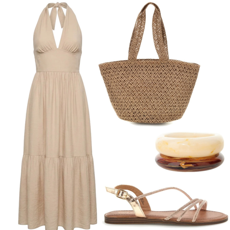 Outfit donna - L\' abito fresco e comodo. Stile Urban per Tutti i giorni. Abbinamento con vestiti lunghi, braccialetti, borse tote, sandali.
