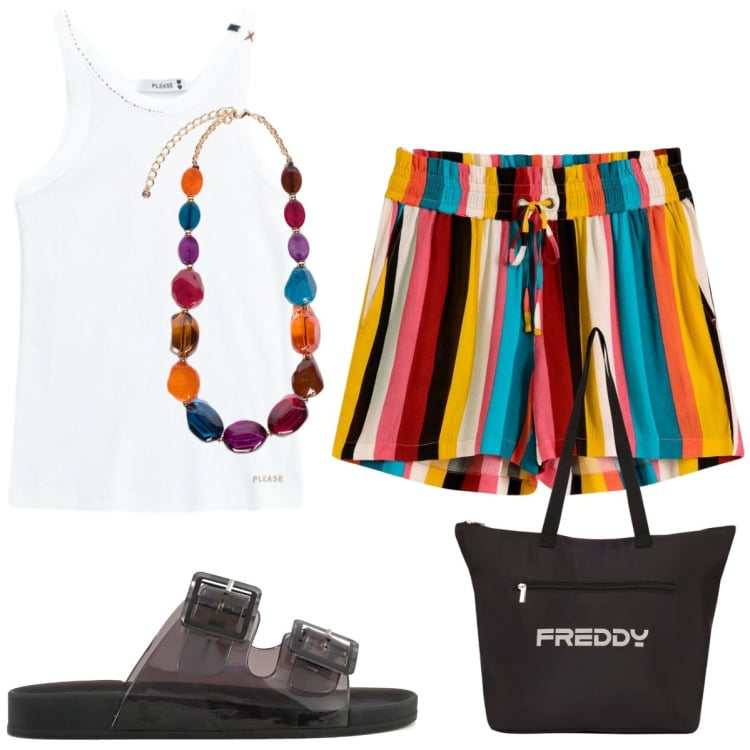 Outfit donna - Righe colorate. Stile Casual chic per Tutti i giorni. Abbinamento con pantaloni corti, top, collane, shopping bag, sandali.