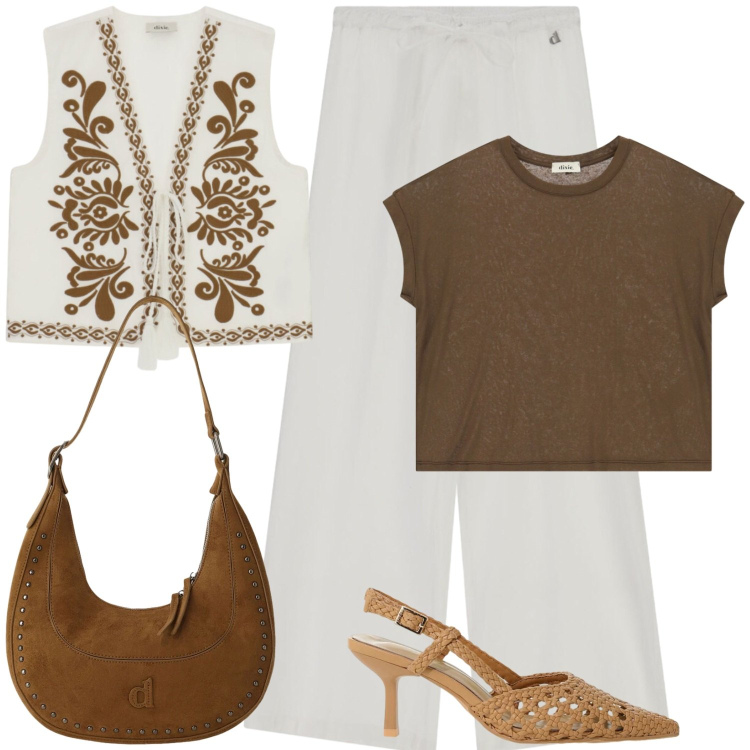 Outfit donna - In ufficio. Stile Casual chic per Ufficio. Abbinamento con gilet, borse a spalla, pantaloni, t-shirt, décolleté.