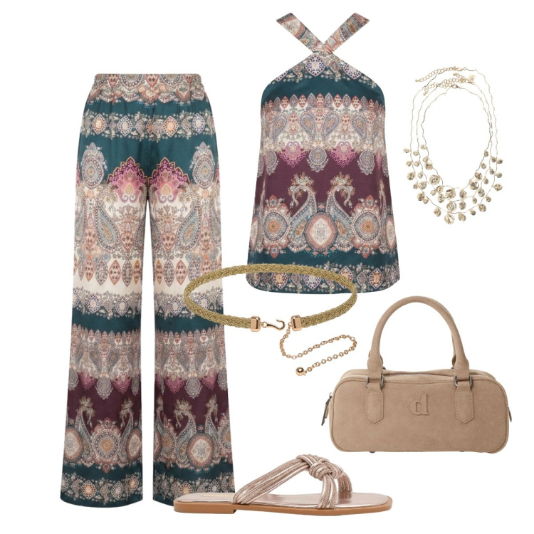 Outfit donna - Modo etnico in città. Stile Etnico per Tutti i giorni. Abbinamento con sandali, cappotti, collane, pantaloni a palazzo, top, cinture.