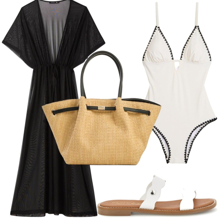 Outfit donna - Offerte estate 2026. Stile Glamour per Mare. Abbinamento con costumi interi, shopping bag, caftani, ciabatte.