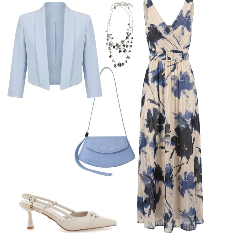 Outfit donna - Chic serata evento cerimonia. Stile Chic per Serata fuori. Abbinamento con bolero, borse a spalla, collane, vestiti lunghi, décolleté.