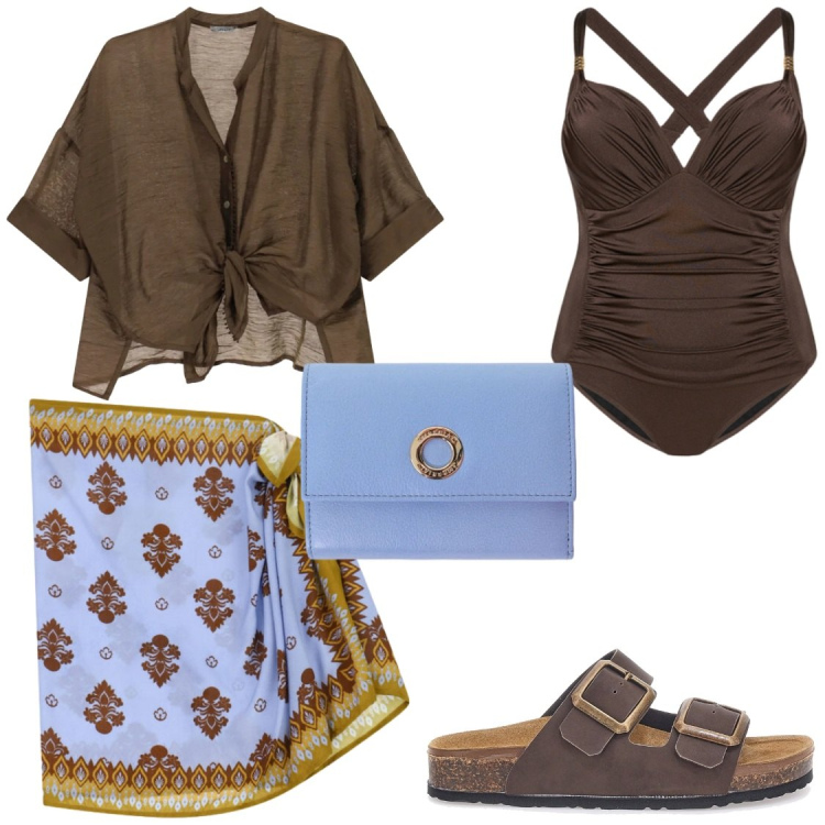 Outfit donna - Contrasti mare e terra. Stile Glamour per Mare. Abbinamento con portafogli, minigonne, camicie, costumi interi, ciabatte.