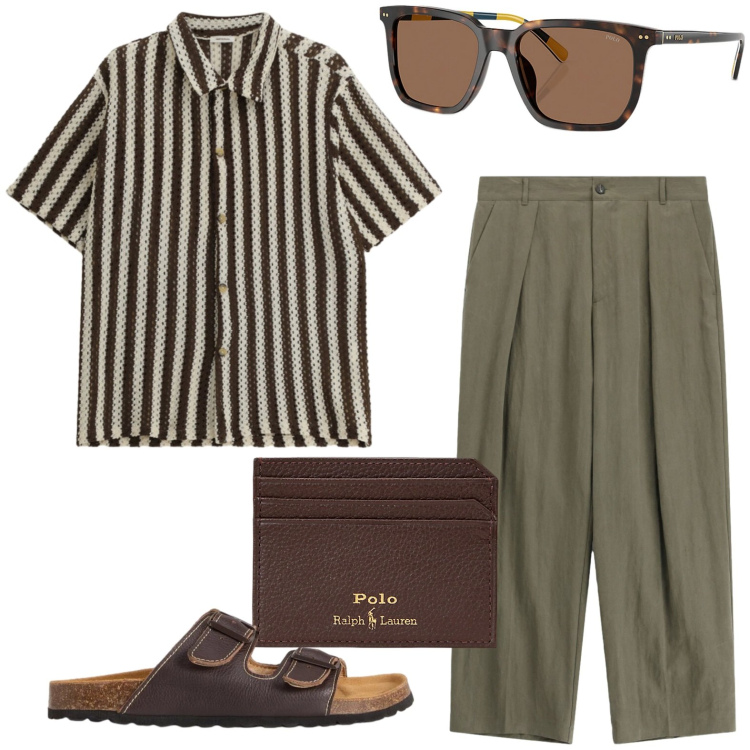 Outfit uomo - Aperitivo easy. Stile Trendy per Tutti i giorni. Abbinamento con sandali, occhiali da sole, portafogli, camicie a manica corta, pantaloni.