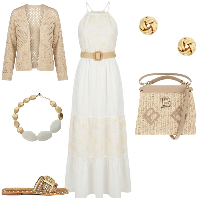 Outfit donna - Boho chic. Stile Boho per Tutti i giorni. Abbinamento con collane, cardigans, vestiti lunghi, orecchini, ciabatte, borse a tracolla.