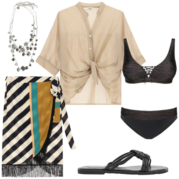 Outfit donna - Trame Geometriche e Trasparenze Sabbia. Stile Glamour per Mare. Abbinamento con sandali, camicie, collane, gonne longuette, bikini.
