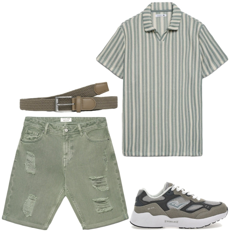 Outfit uomo - Passeggiata in centro. Stile Casual per Tutti i giorni. Abbinamento con bermuda, cinture, polo, sneakers.