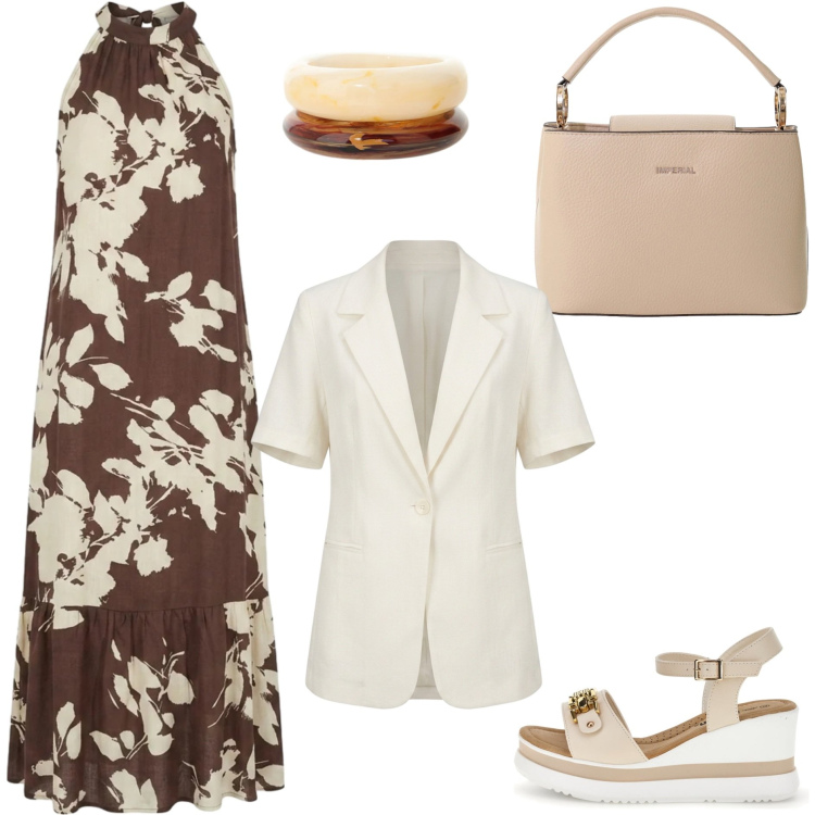 Outfit donna - Comoda in ufficio curvy. Stile Casual chic per Tutti i giorni. Abbinamento con braccialetti, vestiti lunghi, blazer, borse a secchiello, zeppe.