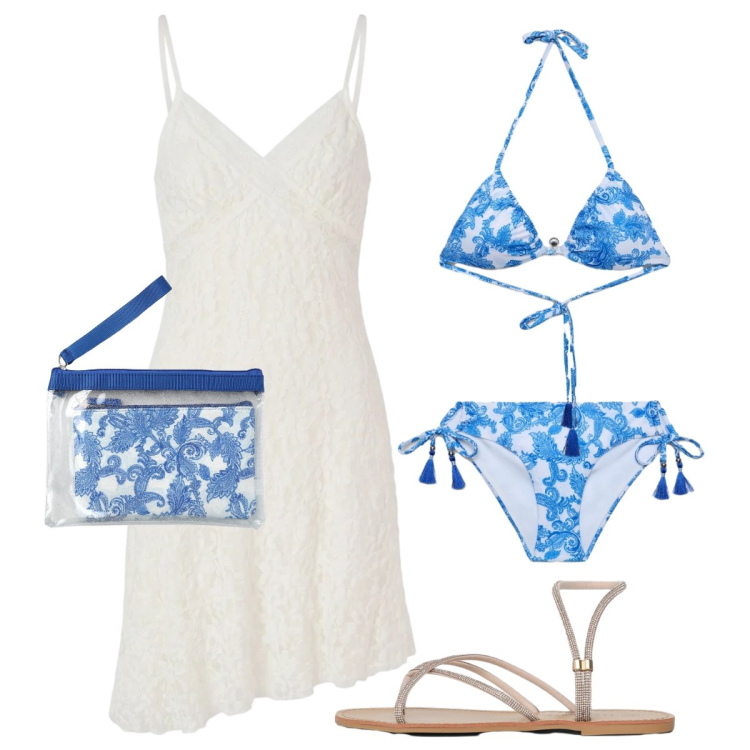 Outfit donna - Mare stampa cachemire. Stile Romantica per Mare. Abbinamento con vestiti corti, pochette, bikini, bikini, sandali.