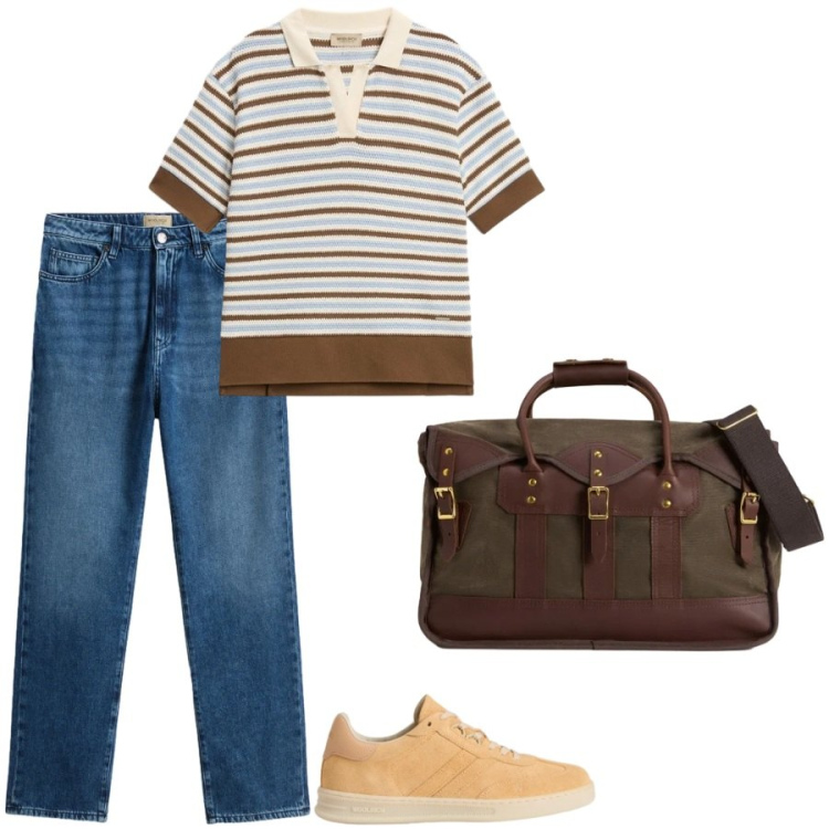 Outfit donna - Pomeriggio in paese di montagna. Stile Casual per Tutti i giorni. Abbinamento con borse a tracolla, jeans, sneakers, polo.