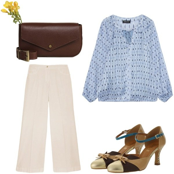 Outfit donna - Scarpe pazzesche. Stile Casual chic per Ufficio. Abbinamento con bluse, pantaloni a palazzo, décolleté, borse a tracolla.