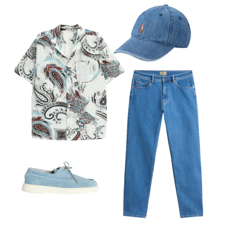 Outfit uomo - Paisley in Denim. Stile Casual per Mare. Abbinamento con scarpe stringate, pantaloni, cappelli, camicie a manica corta.