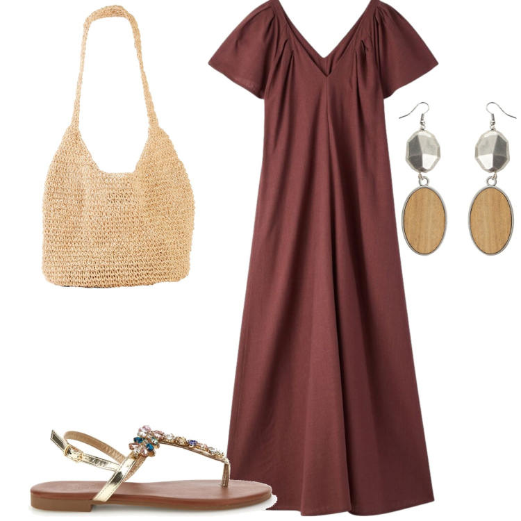 Outfit donna - Abiti fluidi d\'estate. Stile Basic per Ufficio. Abbinamento con shopping bag, vestiti lunghi, orecchini, sandali gioiello.