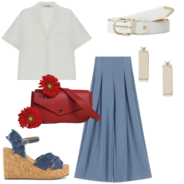 Outfit donna - Passeggiata in città. Stile Bon Ton per Tutti i giorni. Abbinamento con pantaloni a palazzo, cinture, camicie a manica corta, borse a tracolla, orecchini, zeppe.