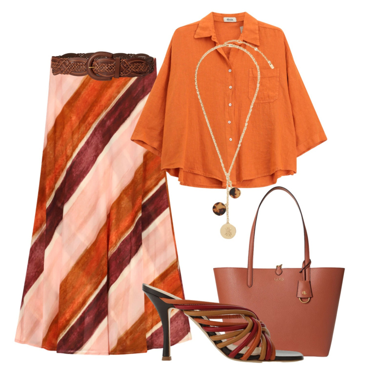 Outfit donna - Fresca e femminile. Stile Trendy per Tutti i giorni. Abbinamento con borse tote, collane, cinture, sandali, gonne lunghe, camicie.
