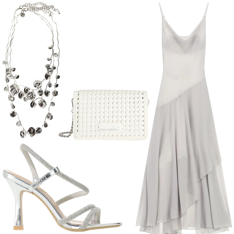 Outfit donna - Abiti fluidi d\'estate. Stile Chic per Cerimonia. Abbinamento con borse a tracolla, collane, vestiti lunghi, sandali col tacco.