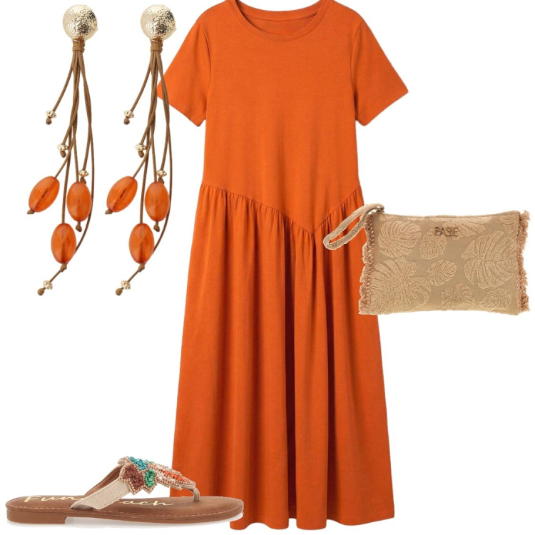 Outfit donna - TRAMONTO ETNICO: Calore Arancio. Stile Boho per Tutti i giorni. Abbinamento con vestiti, orecchini, infradito, pochette.