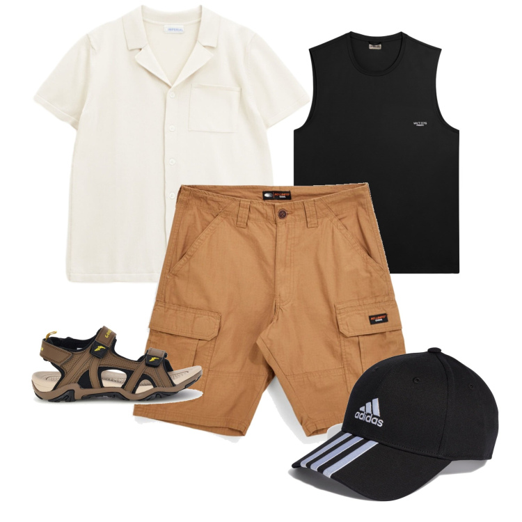 Outfit uomo - Adventure in Style. Stile Casual per Tutti i giorni. Abbinamento con canottiere, camicie a manica corta, cappelli con visiera, bermuda, sandali.