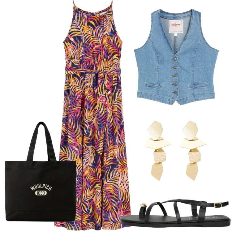 Outfit donna - Total look #2428302. Stile Casual chic per Tutti i giorni. Abbinamento con gilet, vestiti, sandali, orecchini, borse tote.