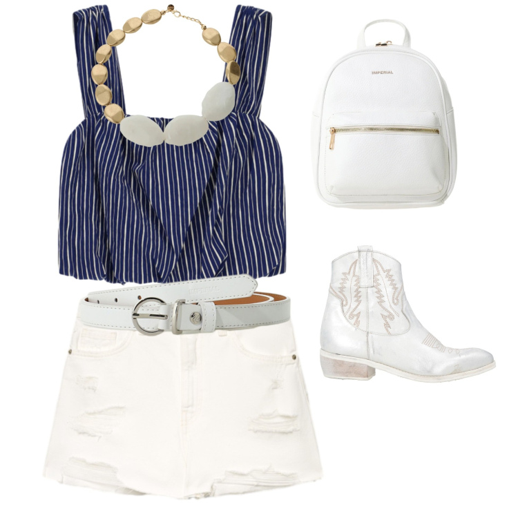 Outfit donna - Navy Country Chic 🤍. Stile Glamour per Serata fuori. Abbinamento con stivaletti texani, shorts, zaini, cinture, top, collane.