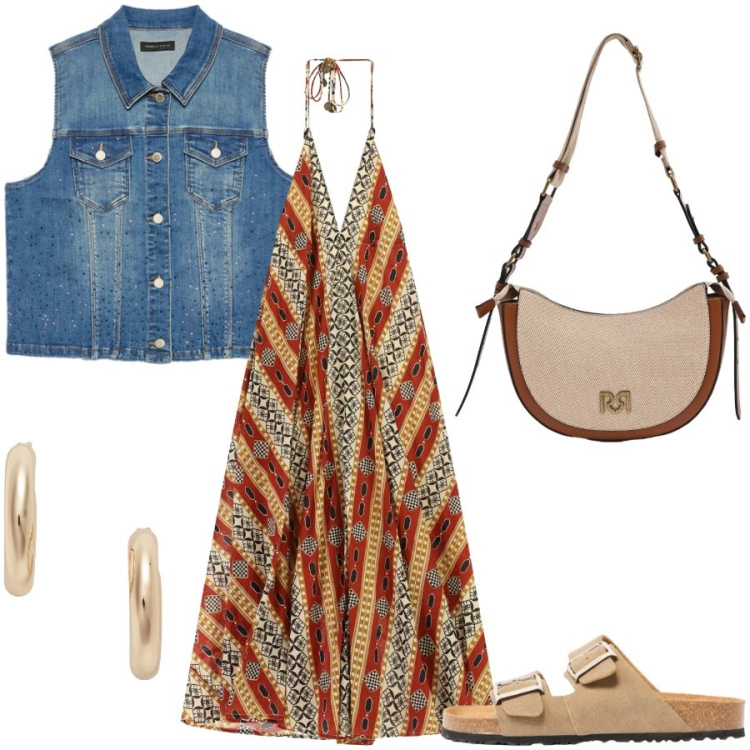 Outfit donna - Total look #2428311. Stile Casual chic per Tutti i giorni. Abbinamento con ciabatte, vestiti lunghi, borse a tracolla, gilet, orecchini.