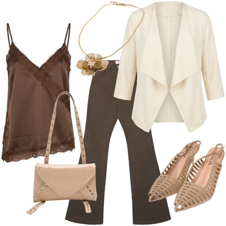 Outfit donna - Serata fuori. Stile Casual chic per Serata fuori. Abbinamento con jeans a zampa, canottiere, scarpe col tacco, borse a spalla, blazer, ciondoli.