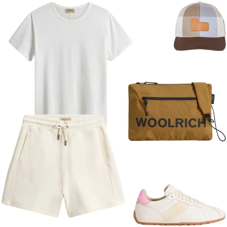 Outfit donna - Time to be free. Stile Casual per Tutti i giorni. Abbinamento con borse a tracolla, cappelli con visiera, t-shirt, sneakers, shorts.