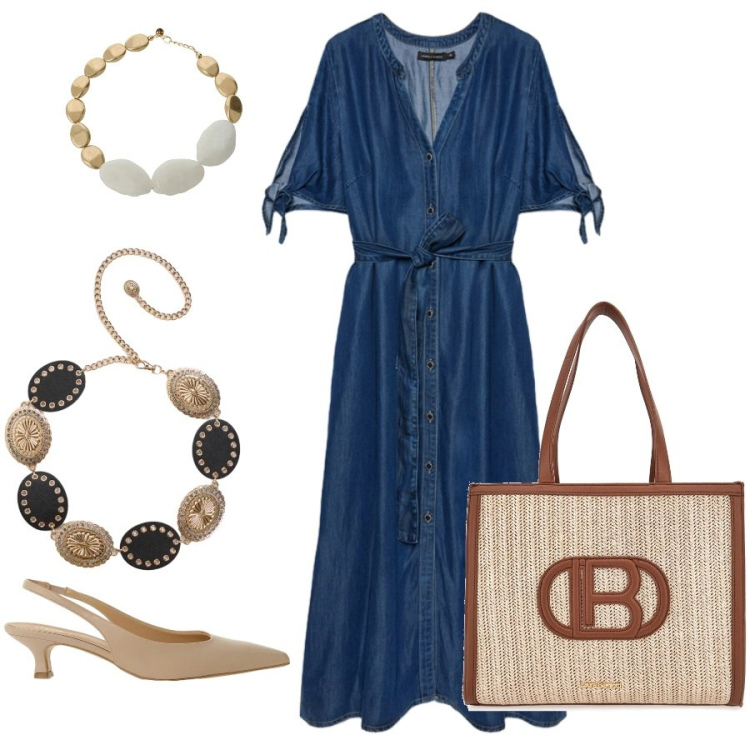Outfit donna - Total look #2428315. Stile Casual chic per Tutti i giorni. Abbinamento con cinture, décolleté, collane, vestiti chemisier, borse a spalla.