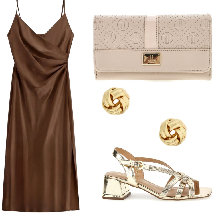 Outfit donna - Stile assoluto. Stile Glamour per Cerimonia. Abbinamento con vestiti midi/longuette, orecchini, sandali in pelle, portafogli.