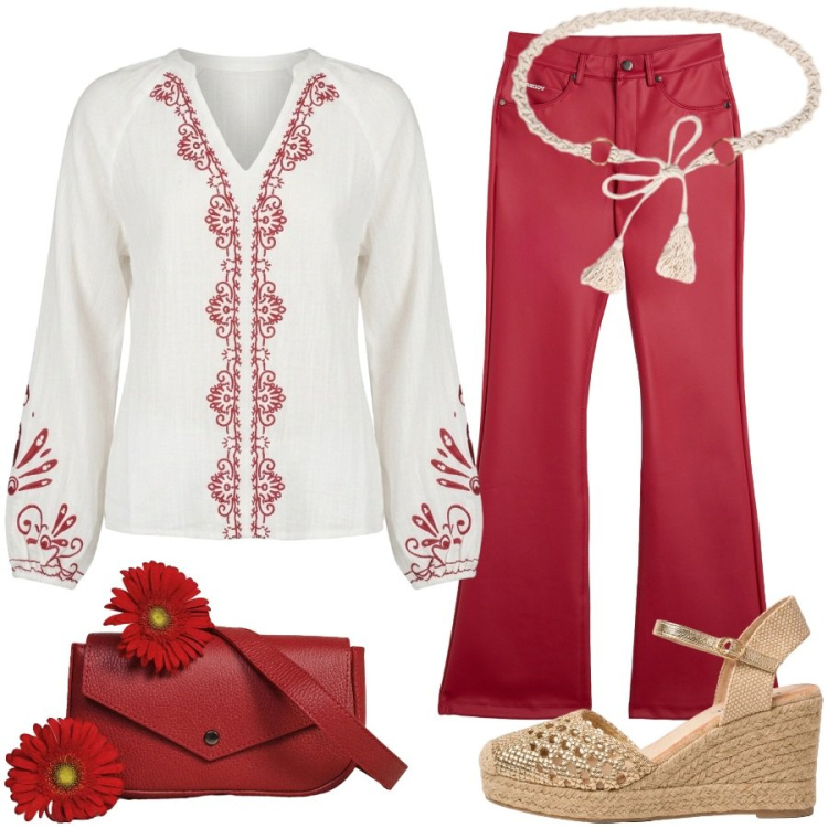 Outfit donna - Summer Boho. Stile Boho per Tutti i giorni. Abbinamento con borse a tracolla, cinture, espadrillas, bluse, pantaloni.