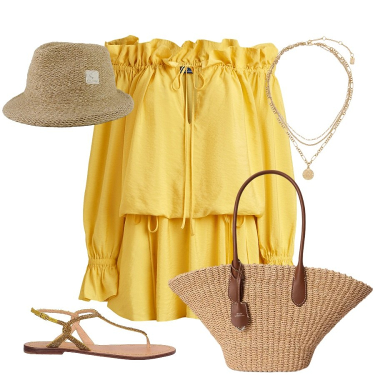 Outfit donna - Total look #2428318. Stile Casual chic per Tutti i giorni. Abbinamento con infradito, vestiti, ciondoli, borse tote, cappelli.