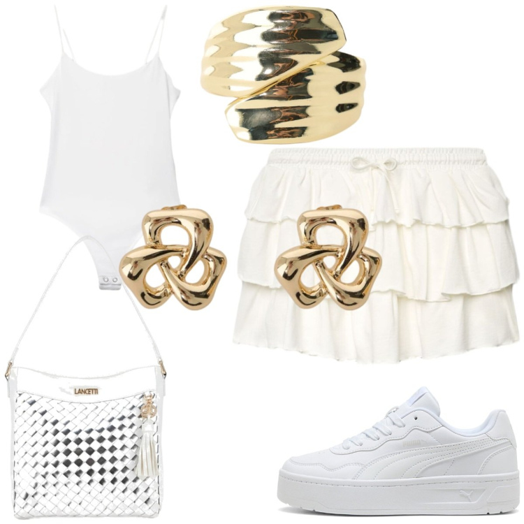 Outfit donna - Serata al mare. Stile Casual chic per Serata fuori. Abbinamento con top, minigonne, anelli, orecchini, borse a spalla, sneakers.