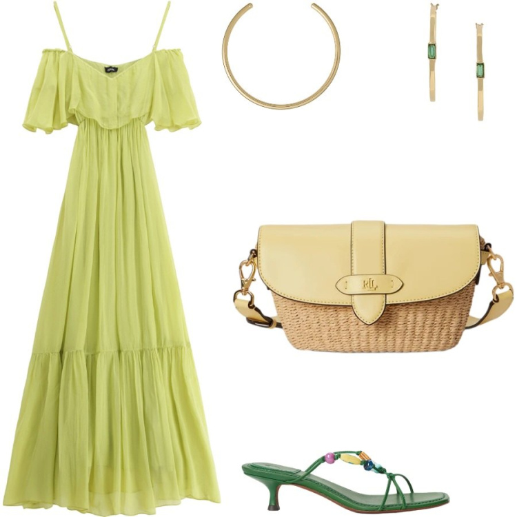 Outfit donna - Verde lime. Stile Romantica per Serata fuori. Abbinamento con vestiti lunghi, borse a tracolla, sandali gioiello, orecchini, collane.