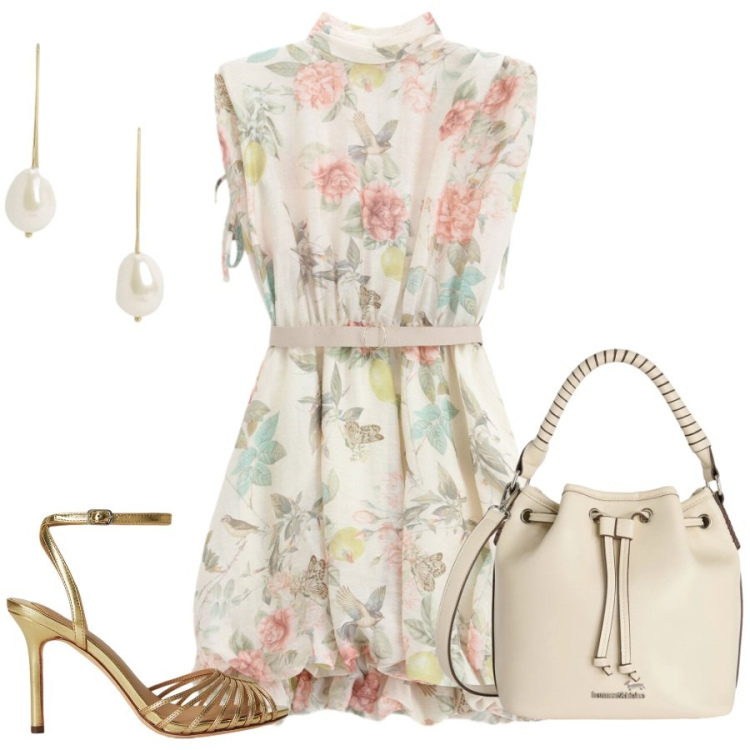 Outfit donna - Total look #2428321. Stile Casual chic per Tutti i giorni. Abbinamento con borse a secchiello, orecchini, sandali in pelle, vestiti corti.