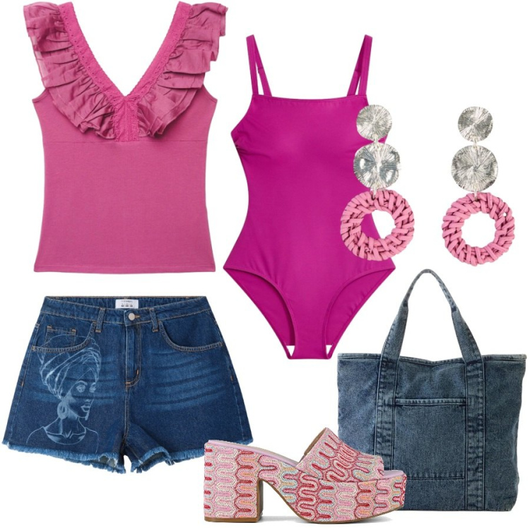 Outfit donna - Estate al mare. Stile Casual chic per Mare. Abbinamento con costumi interi, orecchini, shopping bag, top, shorts, sabot.