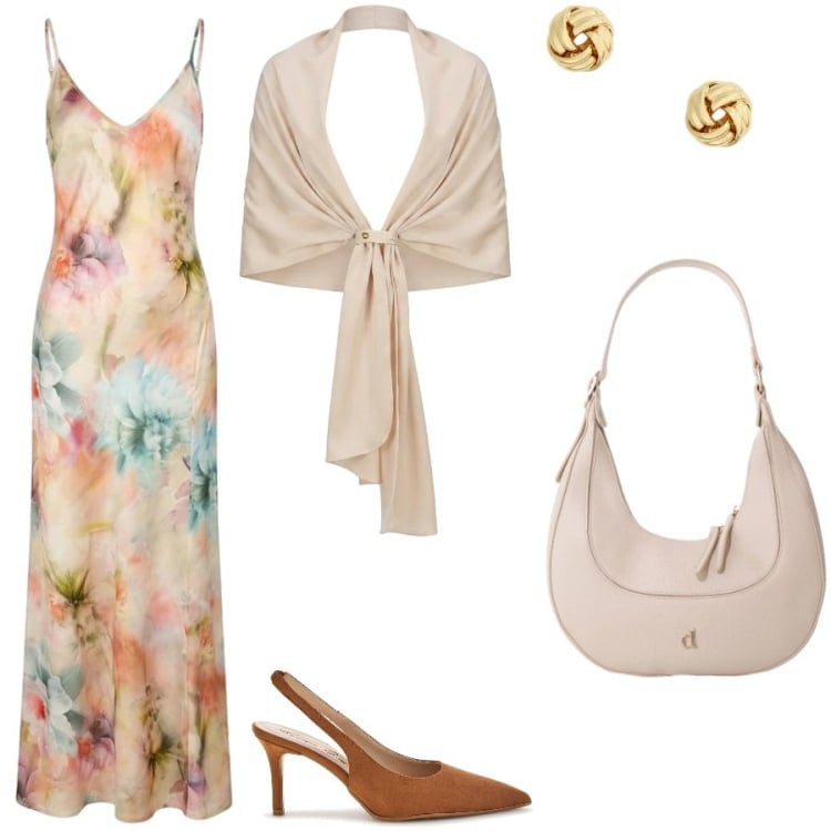 Outfit donna - Cene fuori. Stile Romantica per Serata fuori. Abbinamento con stole, borse a tracolla, vestiti lunghi, orecchini, décolleté.