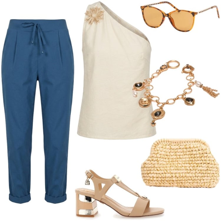 Outfit donna - Happy hour. Stile Chic per Serata fuori. Abbinamento con occhiali da sole, top, braccialetti, pantaloni, clutch, sandali col tacco.