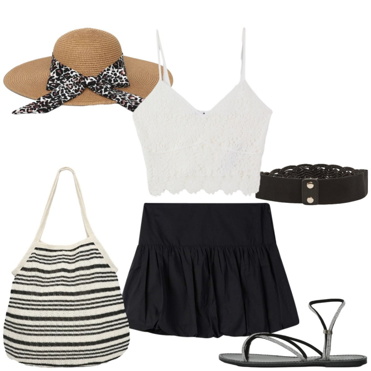Outfit donna - Total look #2428330. Stile Preppy per Tutti i giorni. Abbinamento con minigonne, cappelli, sandali, shopping bag, top, cinture.