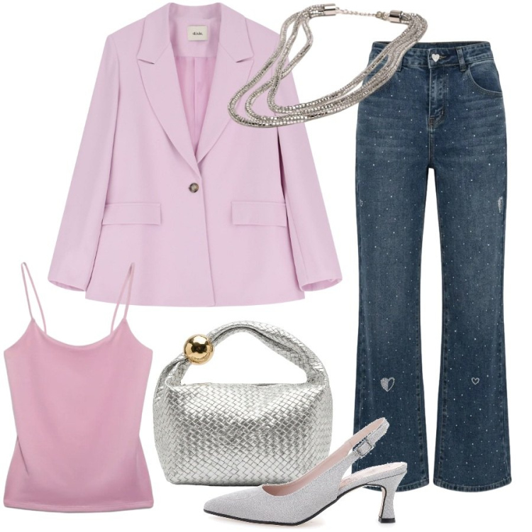 Outfit donna - Serata fuori. Stile Chic per Serata fuori. Abbinamento con canottiere, blazer, jeans a zampa, borse a mano, collane, décolleté.